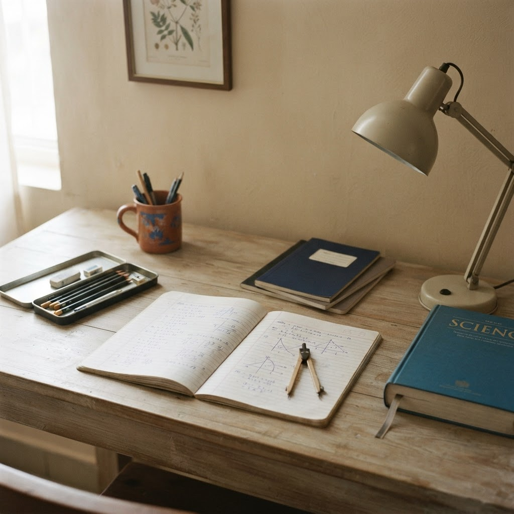 A study desk with an open notebook, textbooks and stationery ready for a tuition session
